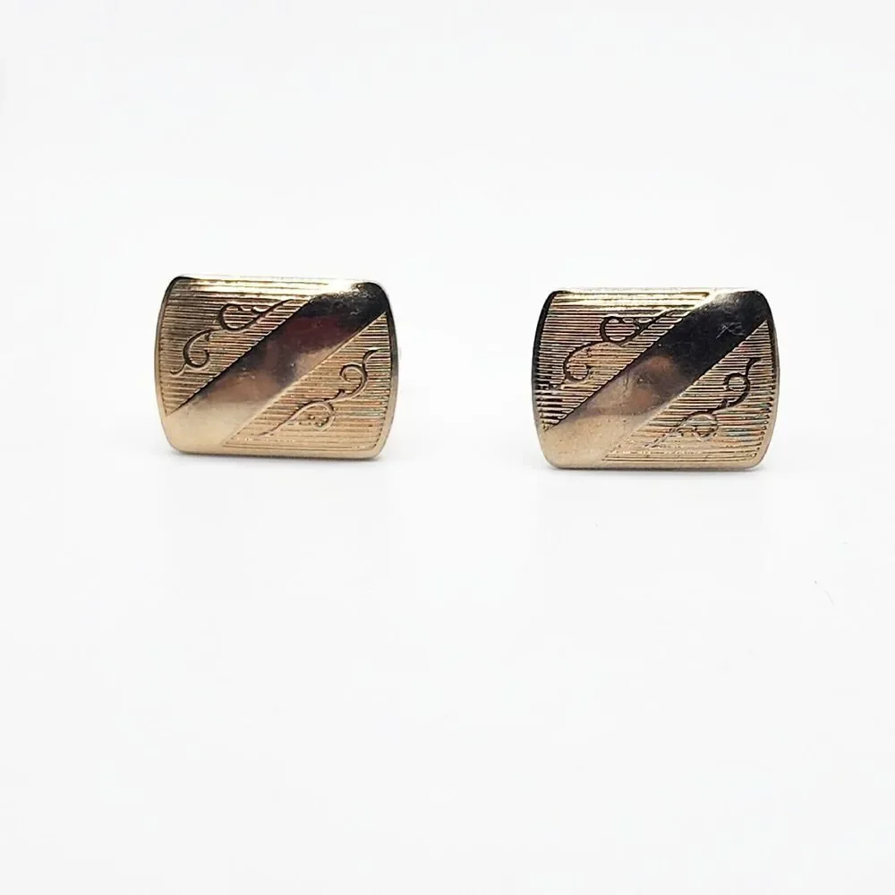 Vintage Cufflinks Light Gold Tone Horizontal Grooves Scrolls Romantic Dapper